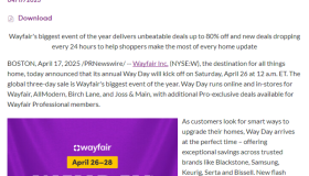Wayfair年度大促Way Day將于4月26日正式開啟 Wayfair年度大促Way Day將于4月26日正式開啟